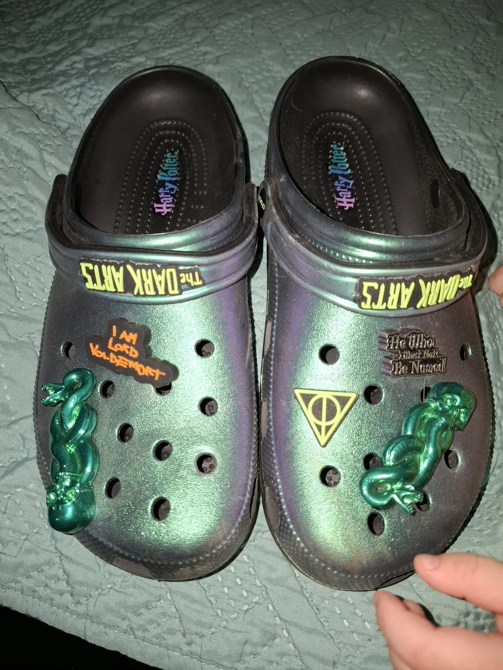 The Dark Arts Iridescent Croc Shoes with Harry Potter Charms